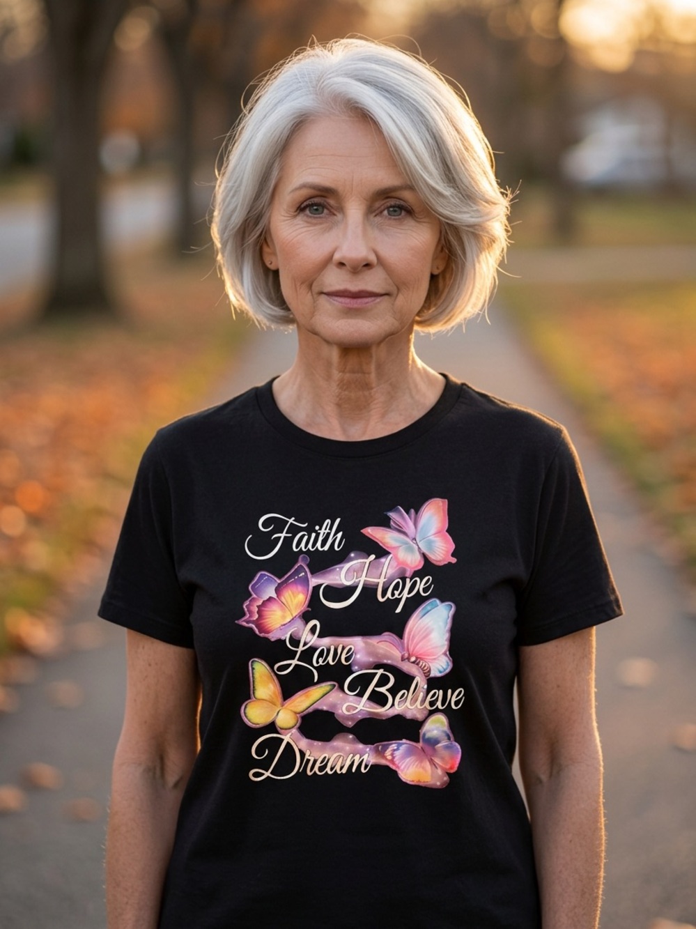 Women’s Black Short Sleeve Tee with Colorful Butterfly Faith Graphic
